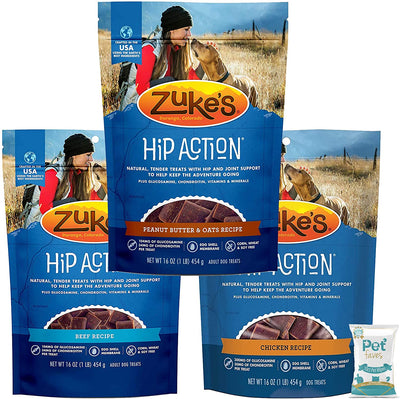 3 Pack Zuke Hip Action Hip & Joint Support Treats for Dogs 3 Flavor: (1) Roasted Beef Recipe, (1) Fresh Peanut Butter Formula, and (1) Roasted Chicken Recipe (16oz Each) with 10ct Wipes