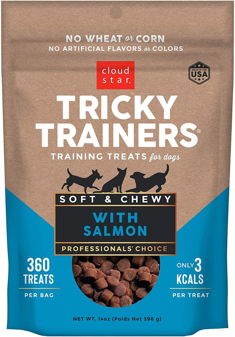 (3 Pack) Cloud Star Tricky Trainers Soft & Chewy Training Treats for Dog. Low Calorie. Salmon 14 oz, with 10ct Pet Wipes