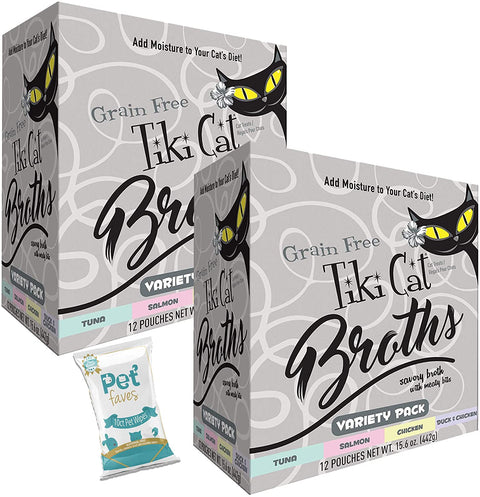 (2 Boxes) Tiki Cat Savory Broth, Grain Free Lickable Wet Food Treat, Add Moisture & Boost Flavor, 24 Pouches with 10ct pet Wipes