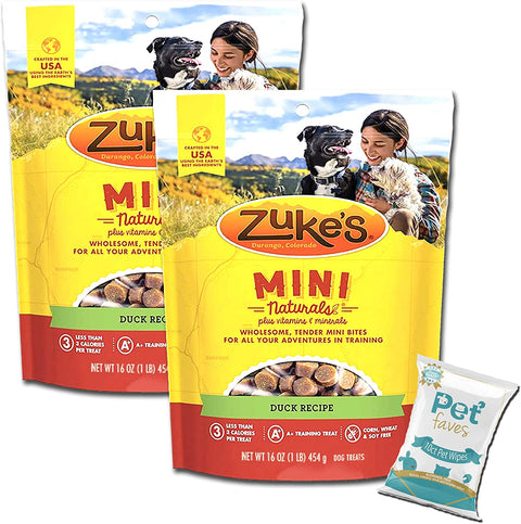 (2 Pack) Zuke Mini Naturals Dog Treats Duck Flavor 16 oz (1 Lb) with 10ct Pet Wipes