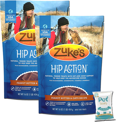 (2 Pack) Zuke Natural Hip & Joint Peanut Butter Recipe Dog Treats (1lb Each) with 10ct Pet Faves Wipes