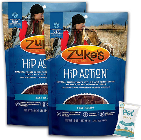 (2 Pack) Zuke Hip Action Hip & Joint Support Treats for Dogs Roasted Beef Recipe Recipe 16oz Each with 10ct Wipes