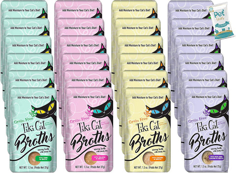 (2 Boxes) Tiki Cat Savory Broth, Grain Free Lickable Wet Food Treat, Add Moisture & Boost Flavor, 24 Pouches with 10ct pet Wipes