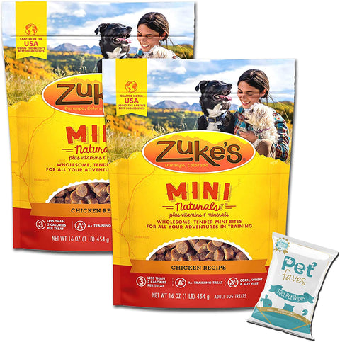 (2 Pack) Zuke Mini Naturals Dog Treats Chicken Flavor 16 oz (1 Lb) with 10ct Pet Wipes