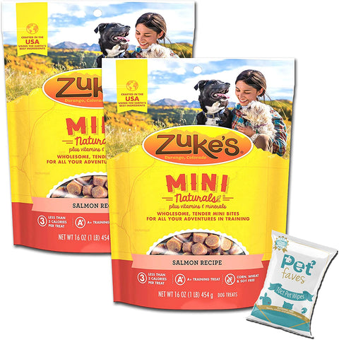 (2 Pack) Zuke Mini Naturals Dog Treats Salmon16 oz (1 Lb) with 10ct Pet Wipes